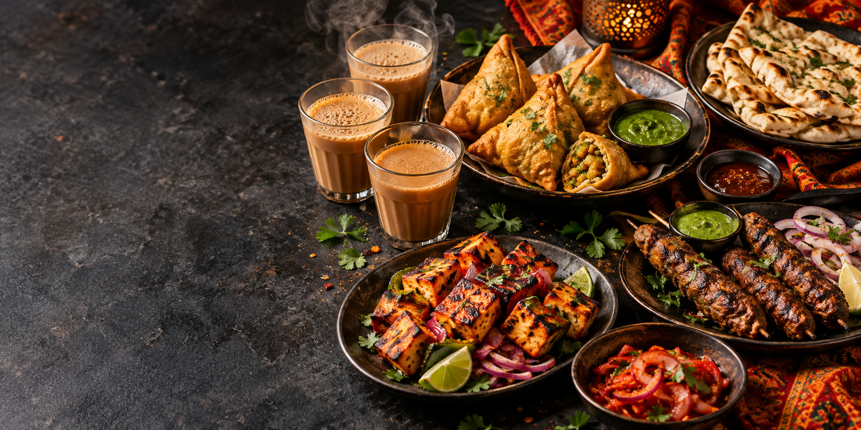 Masala chai with samosas, paneer tikka, kebabs and naan